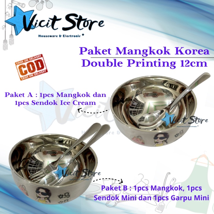 Paket Mangkok Korea Double Printing + Sendok Eskrim / SendokGarpu Mini