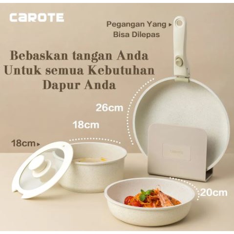 Carote Set 3p / 5pcs 11pcs Frypan Saucepan 18cm 20cm 26cm Cookware Set 5pcs Granit Putih Antilengket Peralatan Masak Karoten Dengan Pegangan Yang Dapat Dilepas Untuk Semua Kompor PFOA panci estetik putih ivory beige