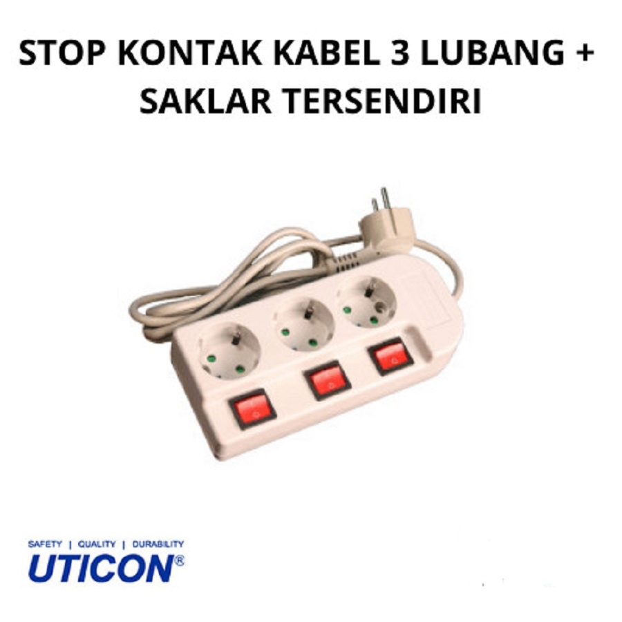 Stop Kontak Arde 3 Lubang Uticon ST 1382SW + Saklar Tersendiri + Kabel