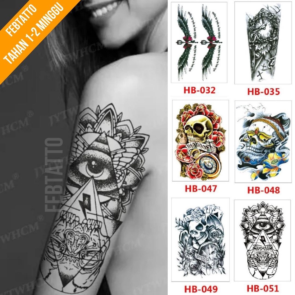 Tato Temporer Ukuran 21cmx15cm Motif Aesthetic Tatto Temporary Stiker Tato Halal Grosir Tato air motif tulisan, sayap, tengkorak, bunga, iluminati HB 051