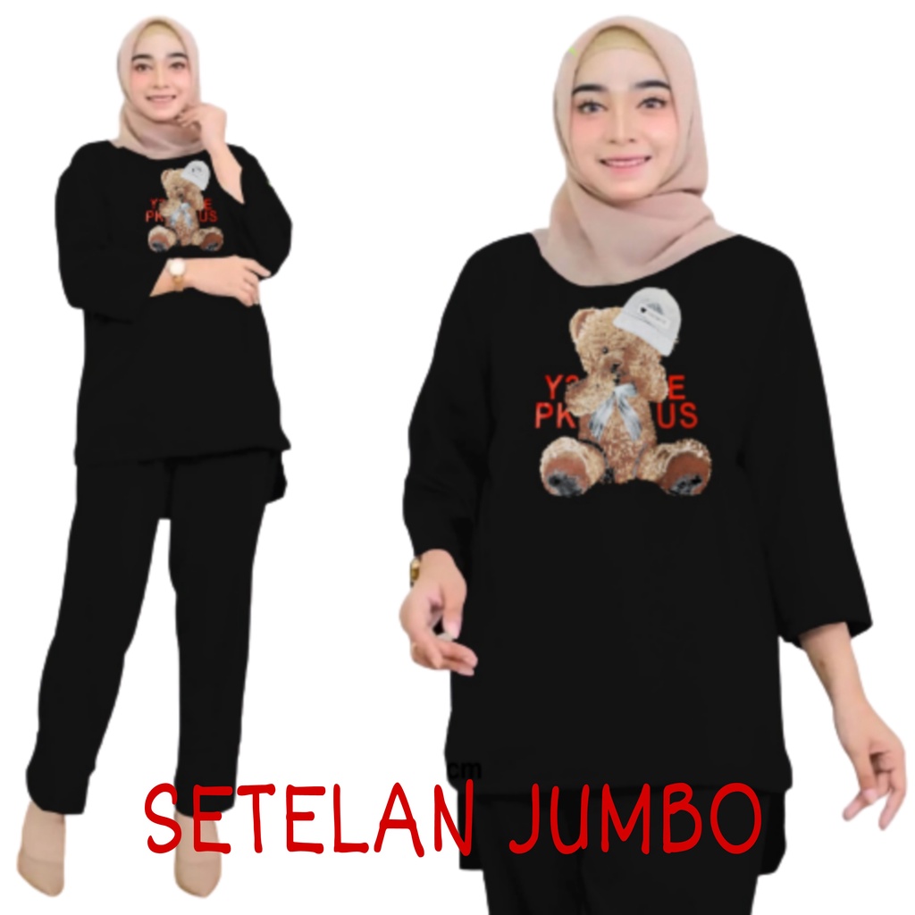 Setelan Kaos Wanita Dewasa Oversize Ld 130 cm Terbaru 2023 Viral Gambar DTF Bahan Kaos Babyterry Tangan 3/4 dan Celana Panjang One Set Wanita Dewasa Jumbo Kekinian Atasan Baju Wanita Dewasa Big Size Stelan Baju Wanita Santai Cewek Beruang Topi