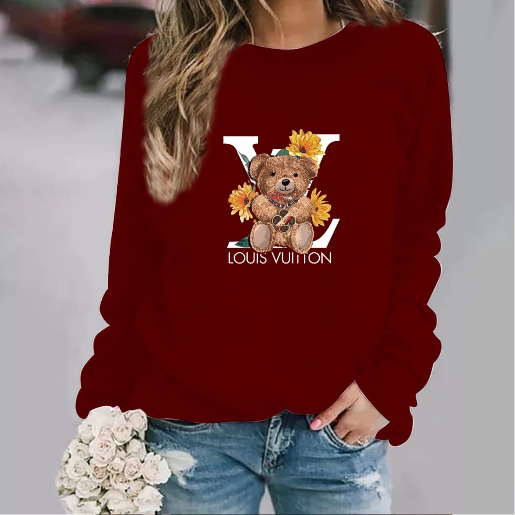 Baju lengan panjang wanita logo TEDDY BEAR LV / kaos distro model sweater keren trendy dan kekinian