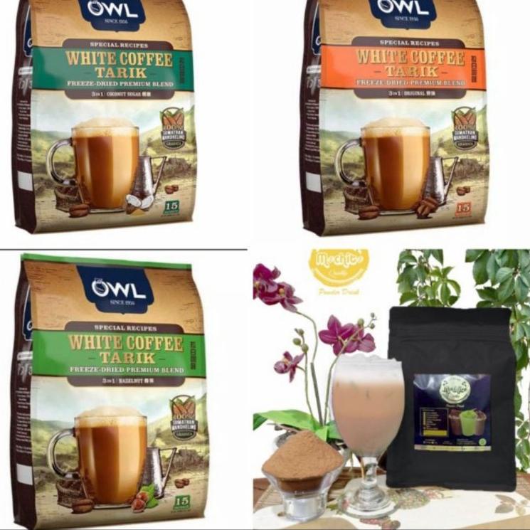 

○ OWL WHITE COFFEE TARIK 3 IN 1 per pack isi 15 sachet/ORIGINAL/HAZELNUT/COCONUT SUGAR ➹
