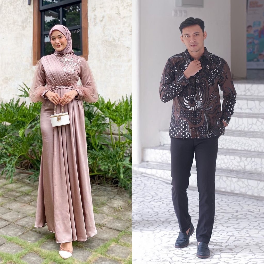 (NEW ARRIVAL) COUPLE DRESS MELODY NUDE SERIES | Gamis Brukat Maxi Wanita Tulle Mutiara | Dress Casual Kondangan Simple Terbaru | Couple Pasangan Batik Lebaran Lamaran Kondangan | Gamis Brokat Tulle Mix Velvet Payet