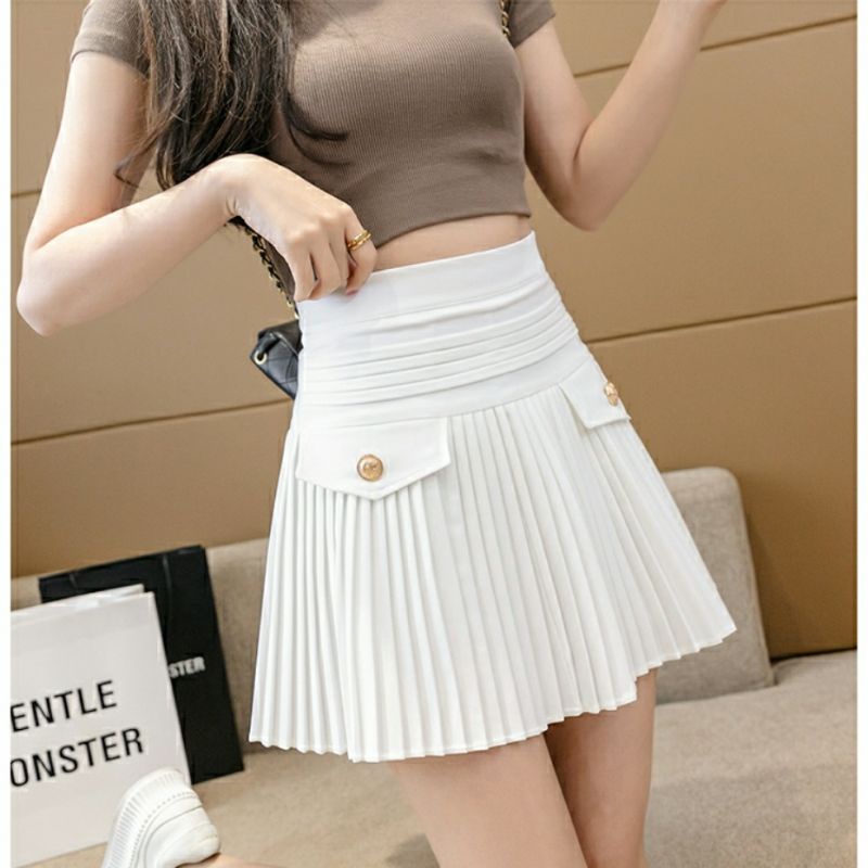 5577 Rok pendek PLEATED PLISKET LIPAT mini skirt hitam putih polos Korea Korean style wanita import 