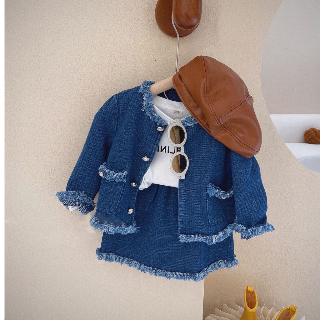 Setelan Anak Perempuan Fashion Import Jacket +Rok Bulu Denim