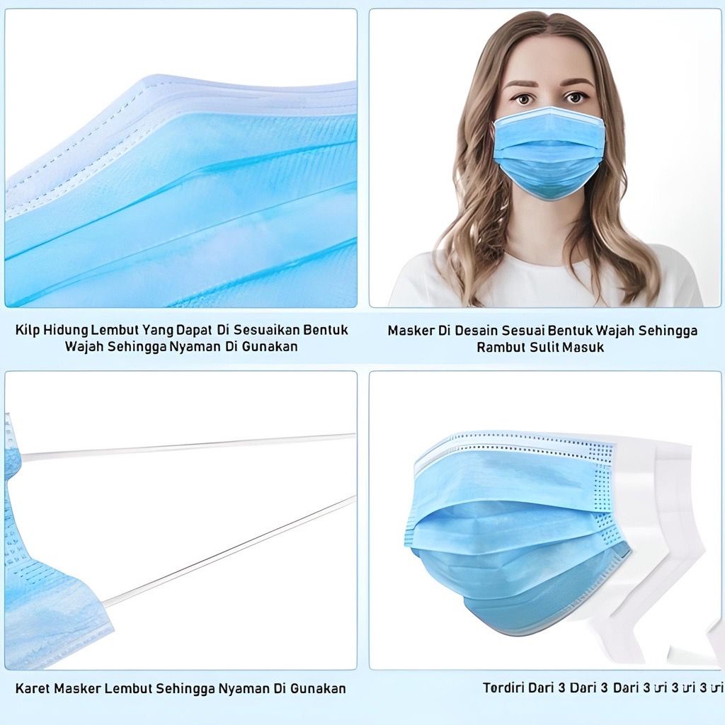 Masker Disposable 1 Box isi 50pc 3Ply Facemask 1 BOX (50PC) Biru Putih