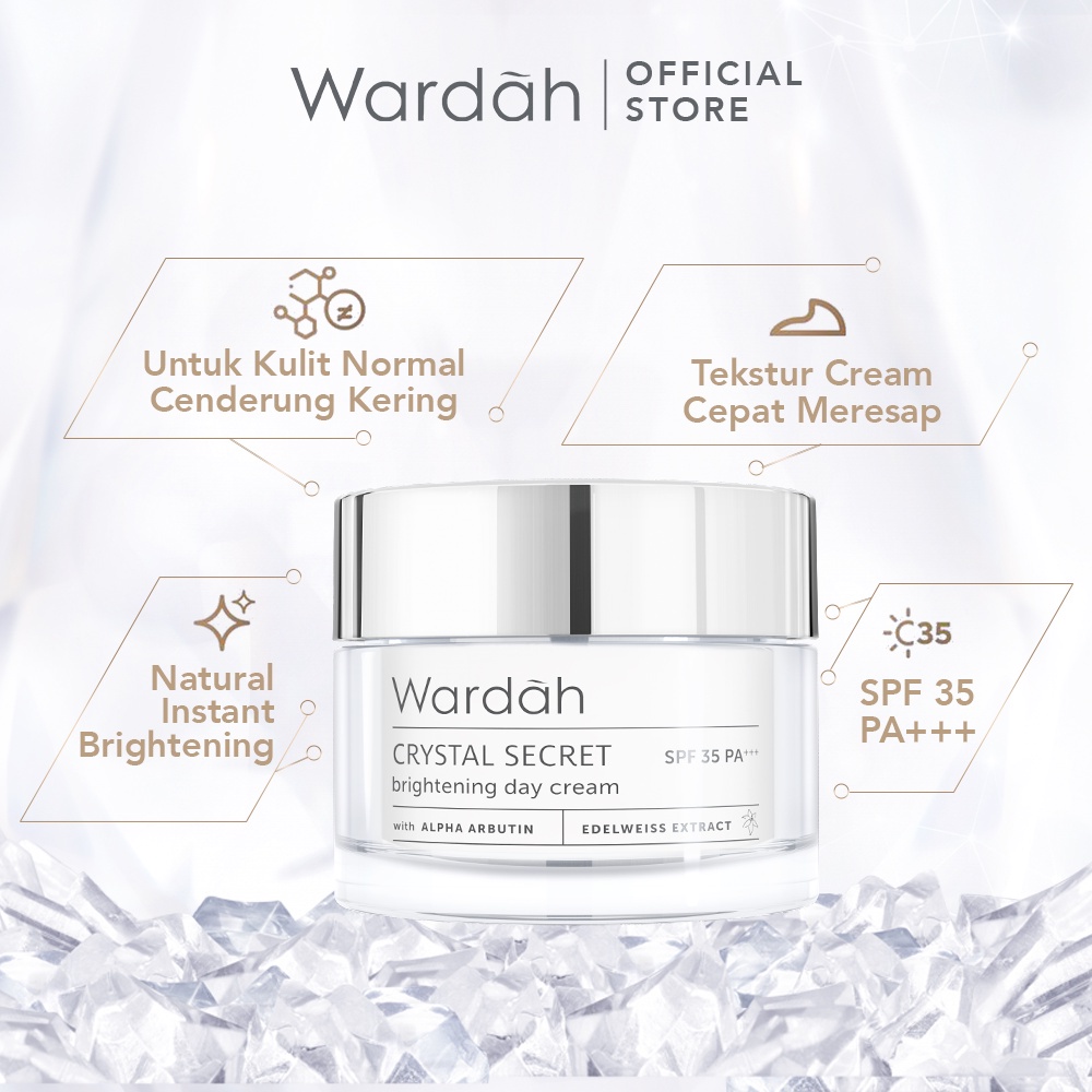 WARDAH Crystal Secret Brightening Day Cream Indonesia / Pelembab Wajah 9ml 15ml 30g / SPF 35 PA+++ / With Alpha Arbutin Edelweiss Extract / Moisturizes And Protects Skin From UVA/UVB Crystal Bright Skin / Skincare Face Care Series / Pagi Malam Night Krim