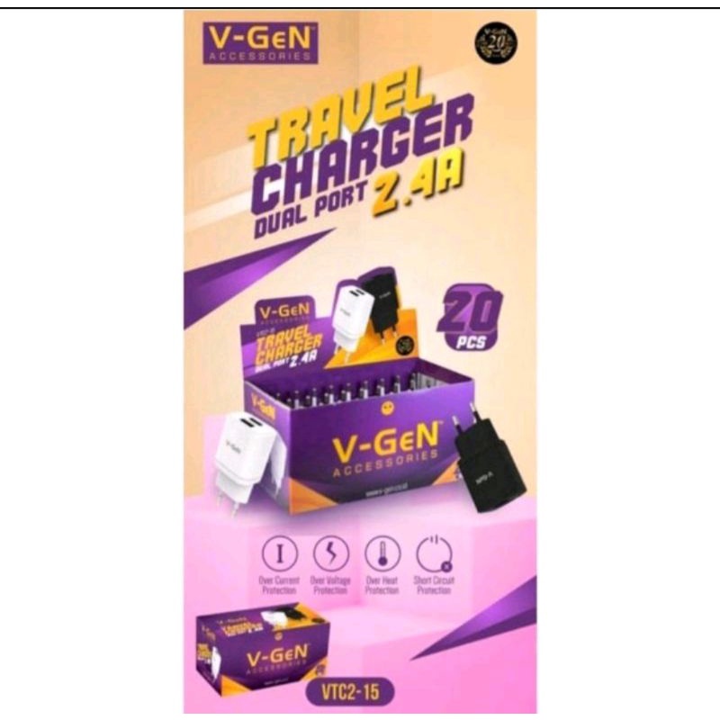 Batok Charger V-GEN VTC2-15 2USB PERBOX Kepala Casan VGEN VTC2-15 2USB 2.4A 1BOX isi 20PCS ORIGINAL