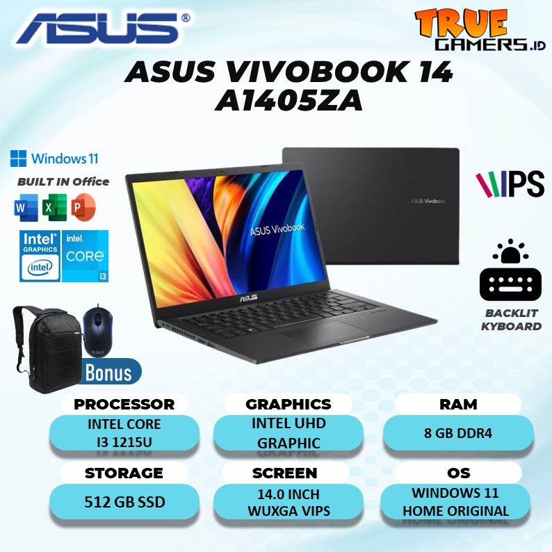 LAPTOP ASUS VIVOBOOK 14 A1405ZA I3 GEN 12  8GB 512SSD W11+OHS 14.0 WUXGA GARANSI RESMI