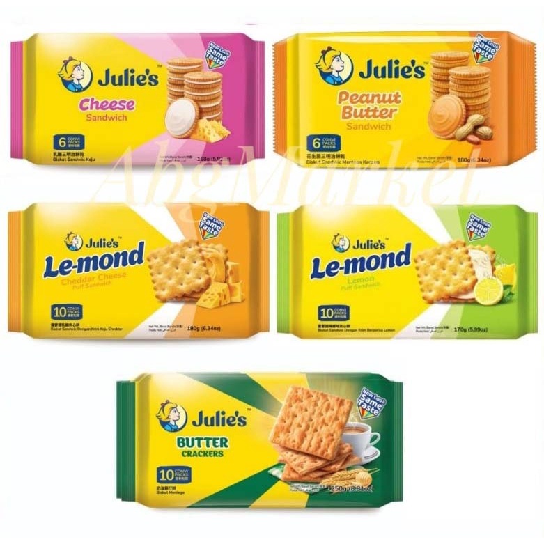 

Biskuit Julies 6 rasa/ julie's peanut butter/ Le-mond Lemon/ Butter Crackers/ cheese/ Le-mond puff