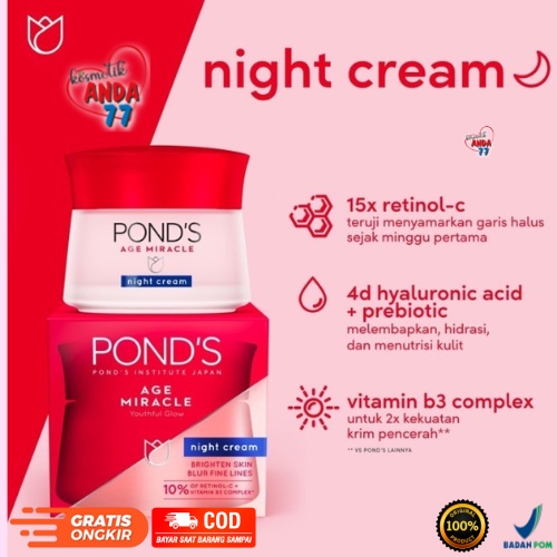 Pond's Age Miracle Youthful Glow Retinol Night Cream 10G (kecil) 20gr sedang 50gr besar / ready pond