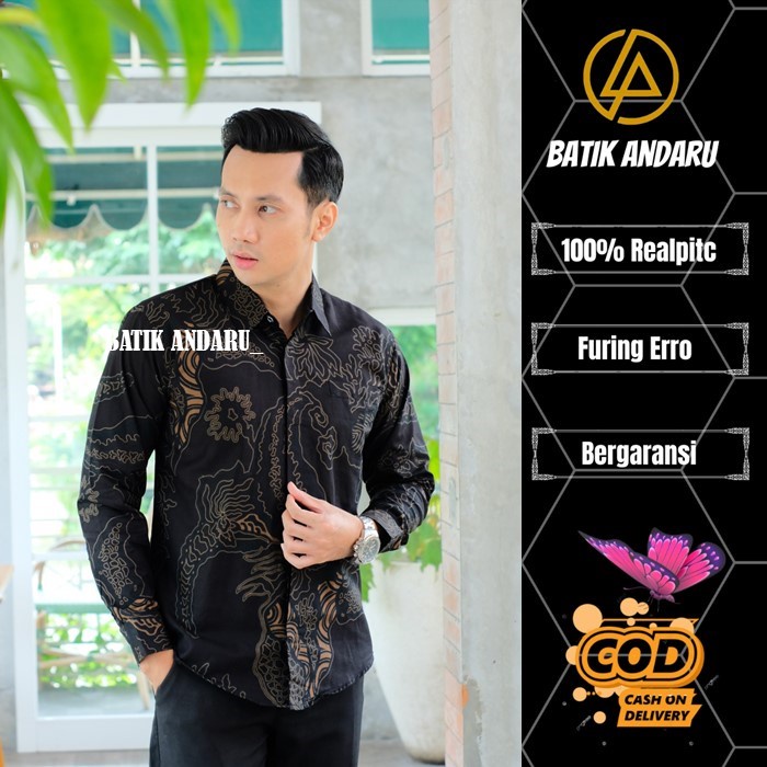 Baju Batik Pria Slim Fit Lengan Panjang Modern Heem Premium Warna Hitam Motif Laskala