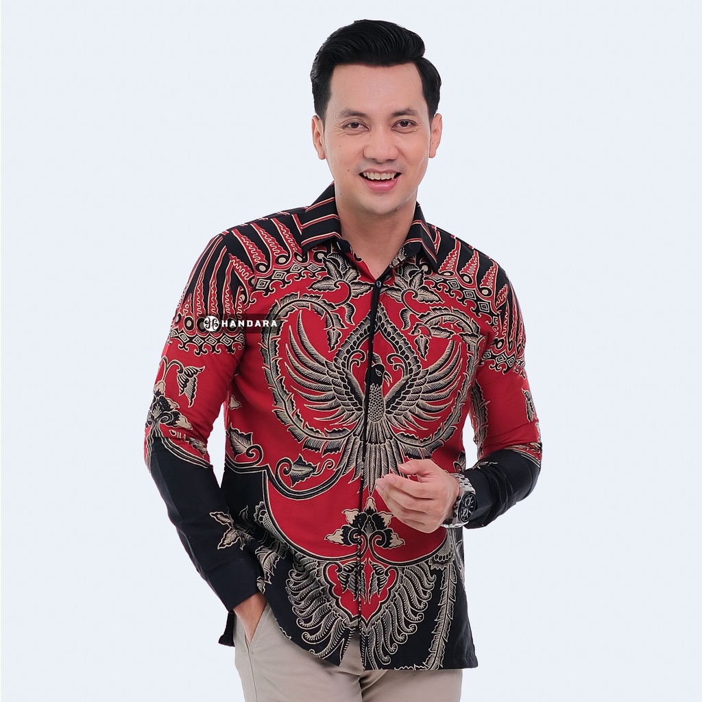 Handara Batik Pria Lengan Panjang Slim Fit Premium Bangkok Merah Hitam HB-343