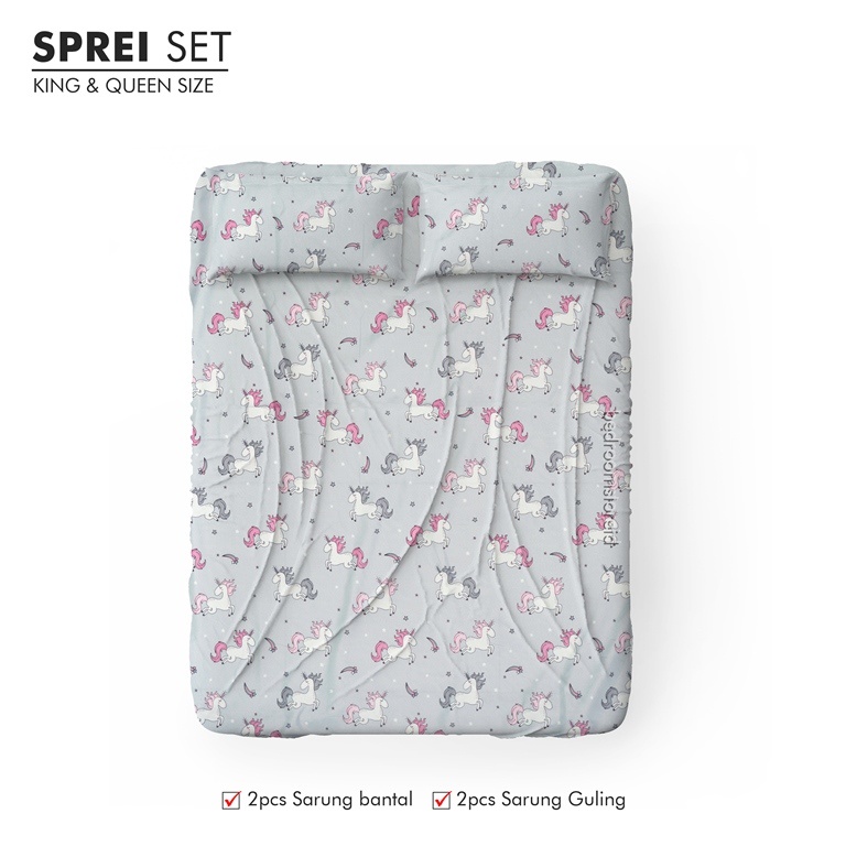 Sprei Aesthetic Motif Unicorn Grey | ALA KOREA Sudah Termasuk Sarung Bantal Guling