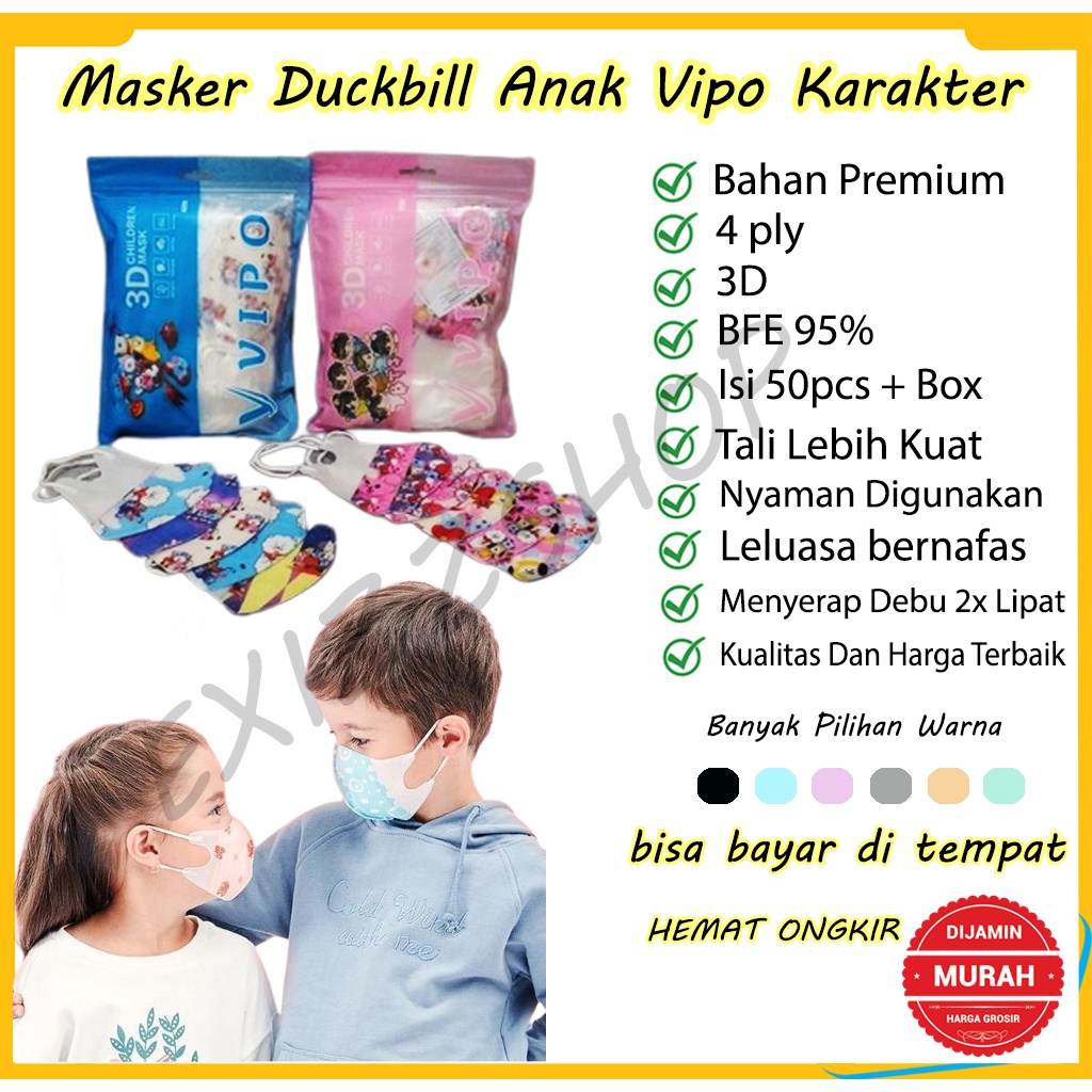 Masker Duckbill anak BTS Vipo motif mix isi 50pc/pak usia 3-8th