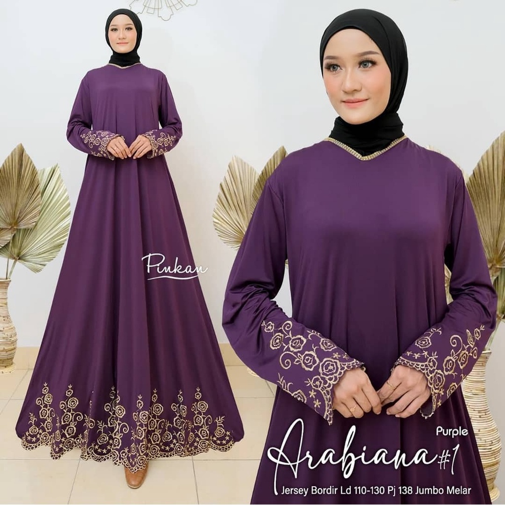 Gamis Muslim Jumbo Jersey Motif Bordir xxxl Ld 130cm Arabiana #1 Turkey Maxy Turqi Abaya Gamis Lebaran Remaja Muslimah Terbaru Seragaman Pengajian Murah Dress Wanita Muslimah Syar'i Gamis Polos Tebal Premium Warna Hitam