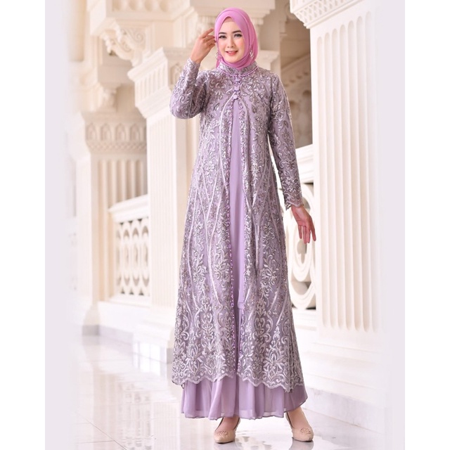 Permata Olshop / Gamis Rompi Brukat Tulle Payet / Gamis Pesta Mewah / Gamis Sakura