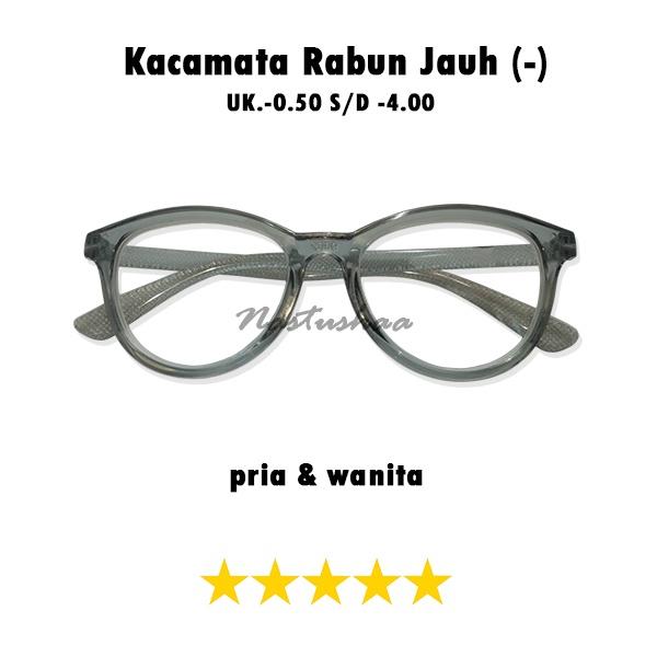 Kacamata Minus Untuk Pria Wanita Bingkai Oval Abu-Abu Transparan Kacamata Rabun Jauh -0.50 s.d -4.00 Unisex NOCASE