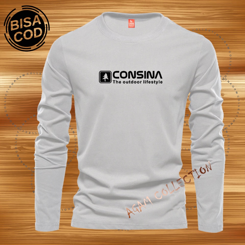 Agam Collection Baju Kaos Distro Consina Text Hitam Lengan Panjang Premium Quality Kaos Pria Keren Kaos Cewek/Cowok