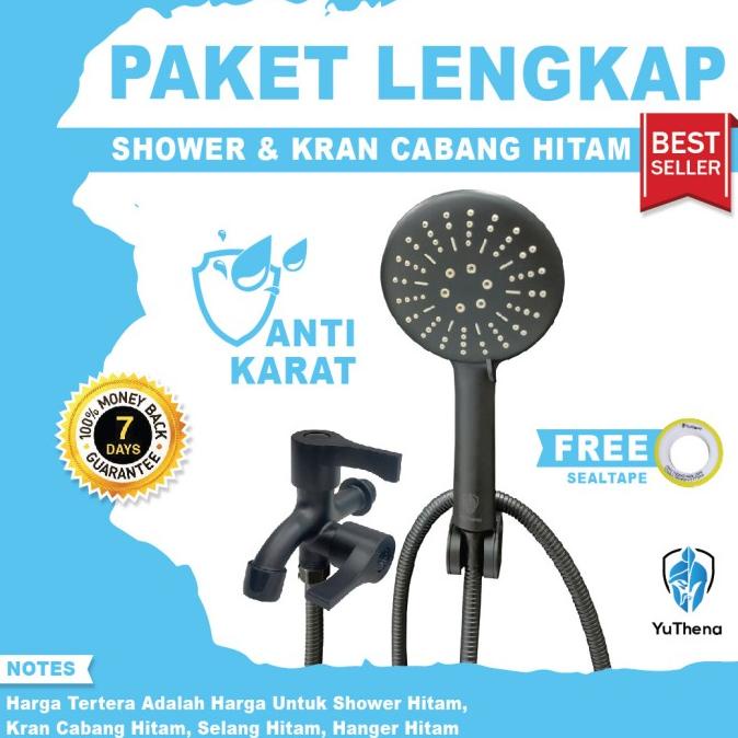 Shower Kamar Mandi Hitam dan Kran Cabang Black Bundling YuThena