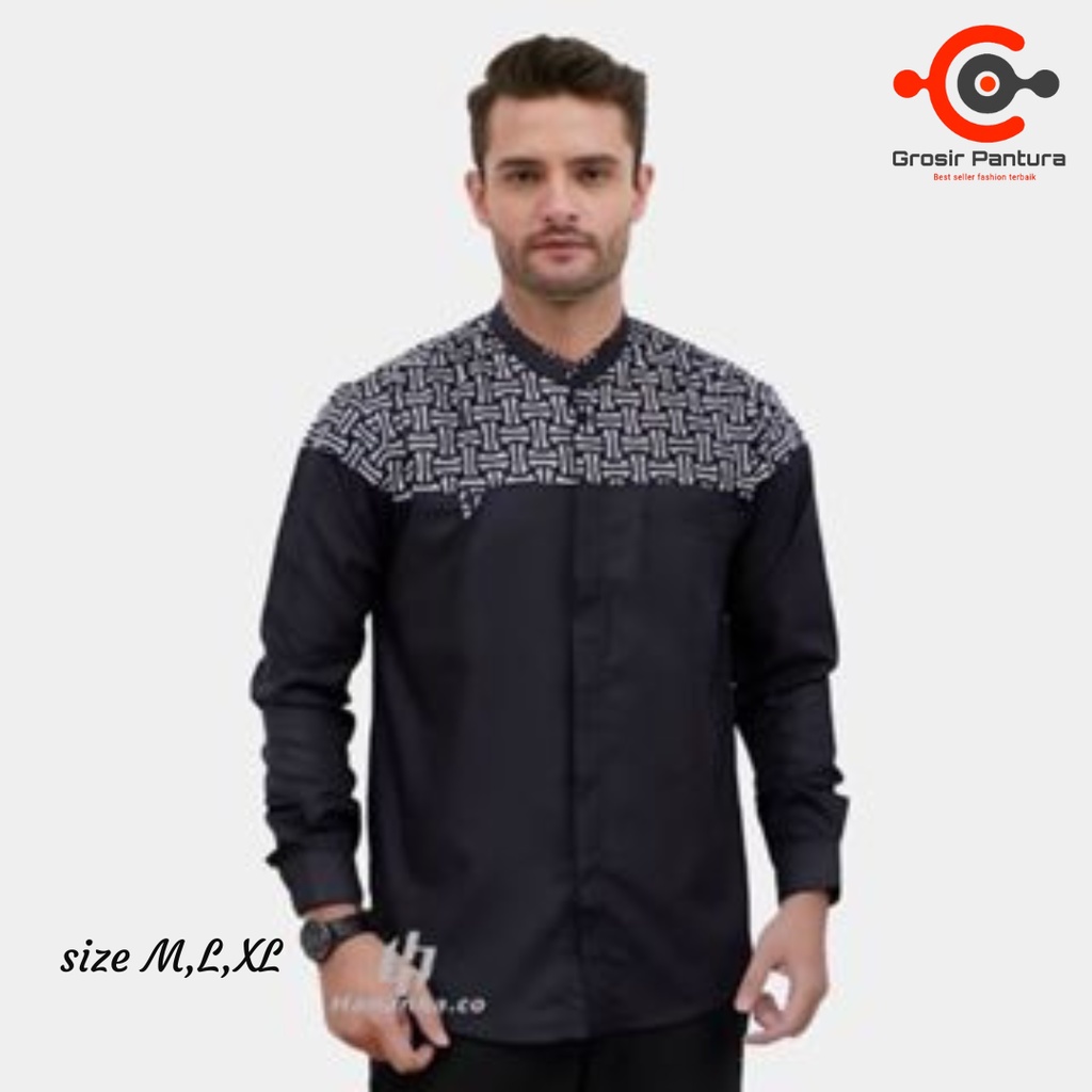 Baju Koko Kurta Pria Mualim Motif Kobata Lengan Panjang Pakaian Cowok Muslim