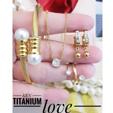 Set Perhiasan Titanium Wanita Dewasa Terbaru Gold Import Boba Mutiara Mix Permata 2402a1