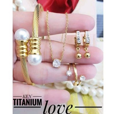 Set Perhiasan Titanium Wanita Dewasa Terbaru Gold Import Boba Mutiara Mix Permata 2402a1