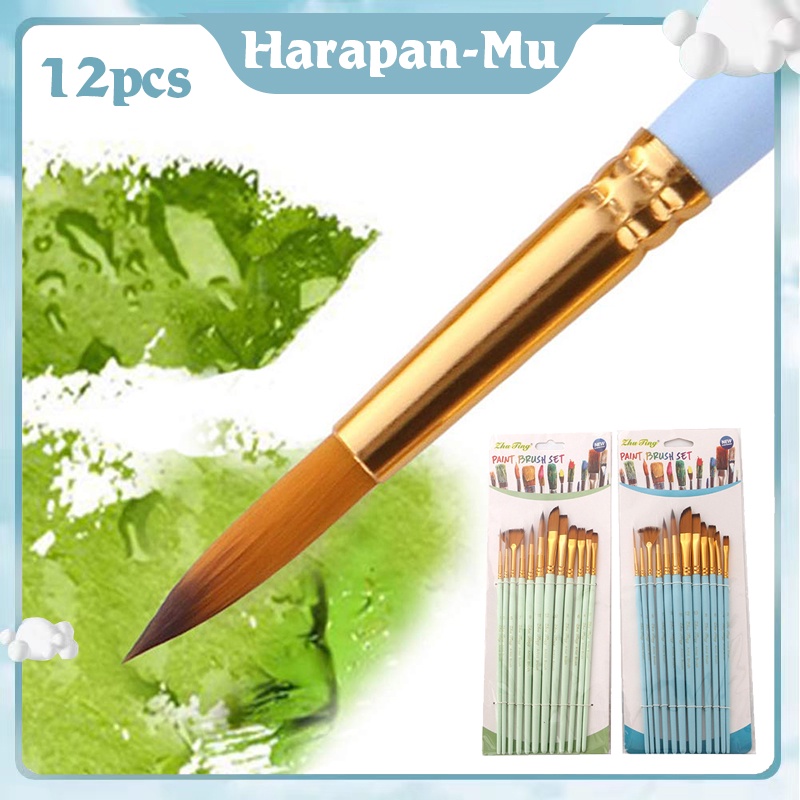 

Isi 12/Set Kuas Cat Air Professional Nylon Hair Paint Brush Watercolor Acrylic Wooden Handle Painting Brushes Art Supplies