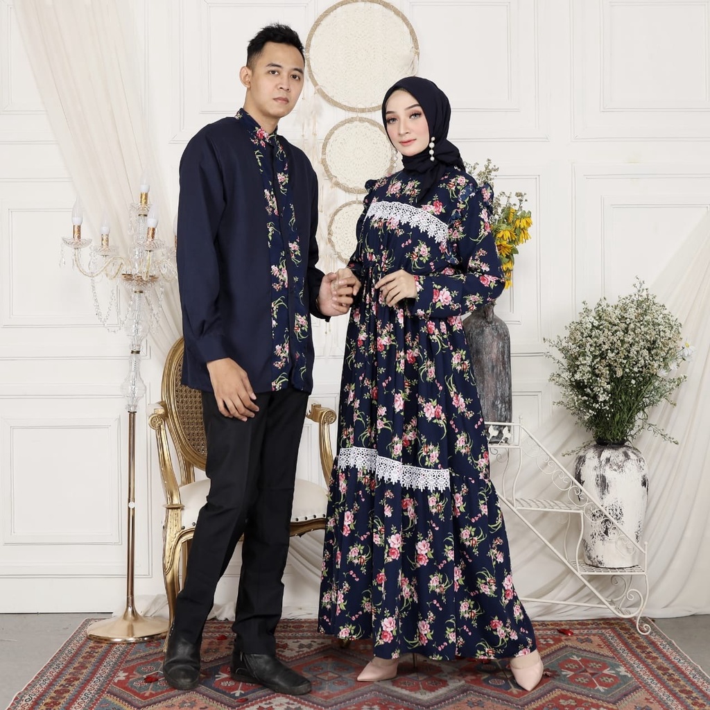 Couple Muslim Pasangan Maxi Gamis Dan Kemeja Flower Srikandi HOPYLOVY