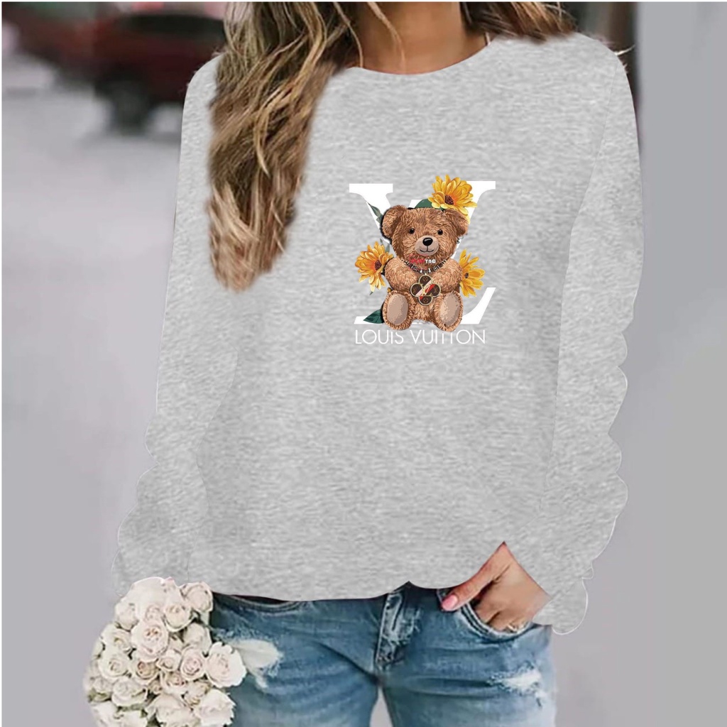 Baju lengan panjang wanita logo TEDDY BEAR LV / kaos distro model sweater keren trendy dan kekinian