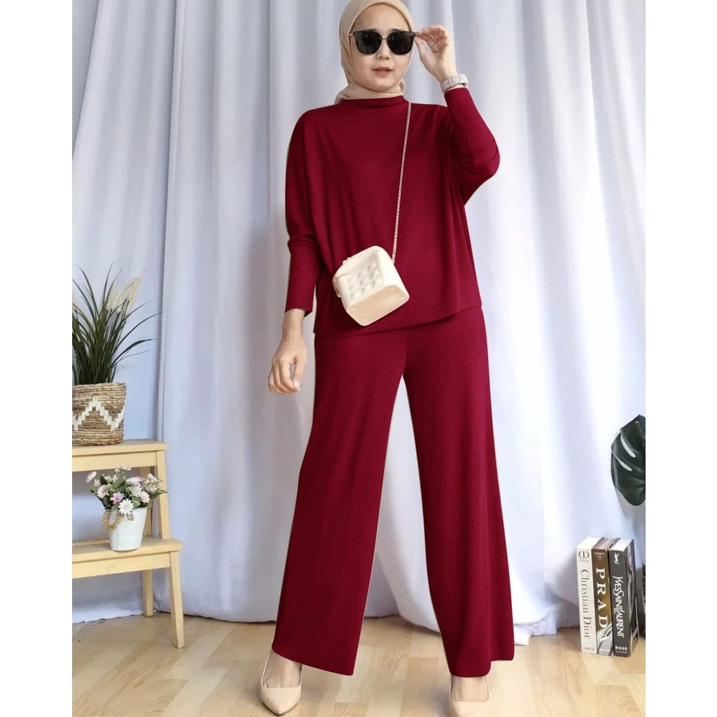 SET ELIVIA FASHION PAKAIAN WANITA SETELAN ATASAN DAN CELANA BAHAN RIB KNIT / RAJUT MR ADA VIDEO REAL PRODUK