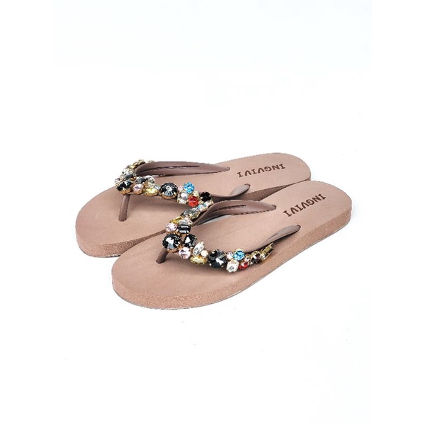 Ingvivi Swarovski Bulat Flat Sandal Jepit Wanita Karet Import Manik Berlian Motek