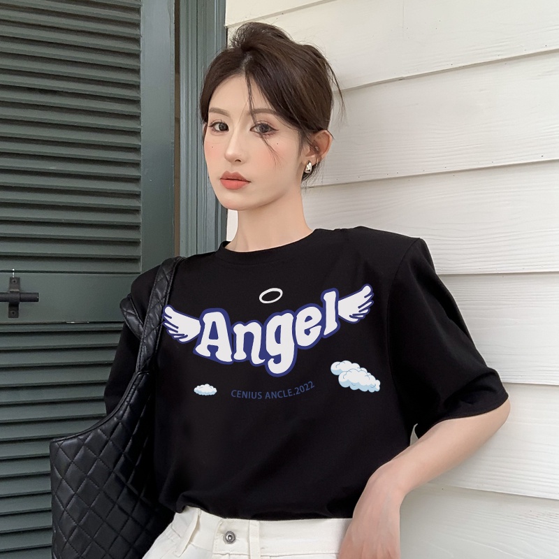 Print T-shirt Kaos Lengan Pendek Cartoon Angel Wings Atasan Wanita Korean Style