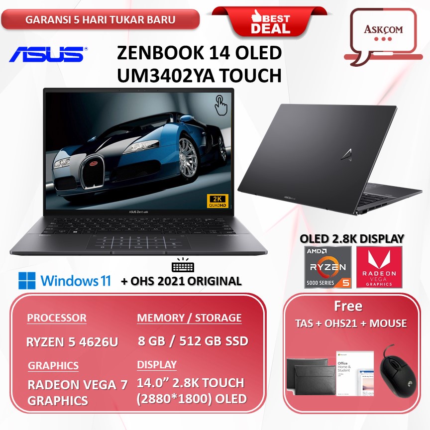 Laptop ASUS ZenBook 14 OLED UM3402YA Touch  RYZEN 5 5625U RAM 8GB 512GB SSD VEGA 7 OHS 14.0 2.8K QHD