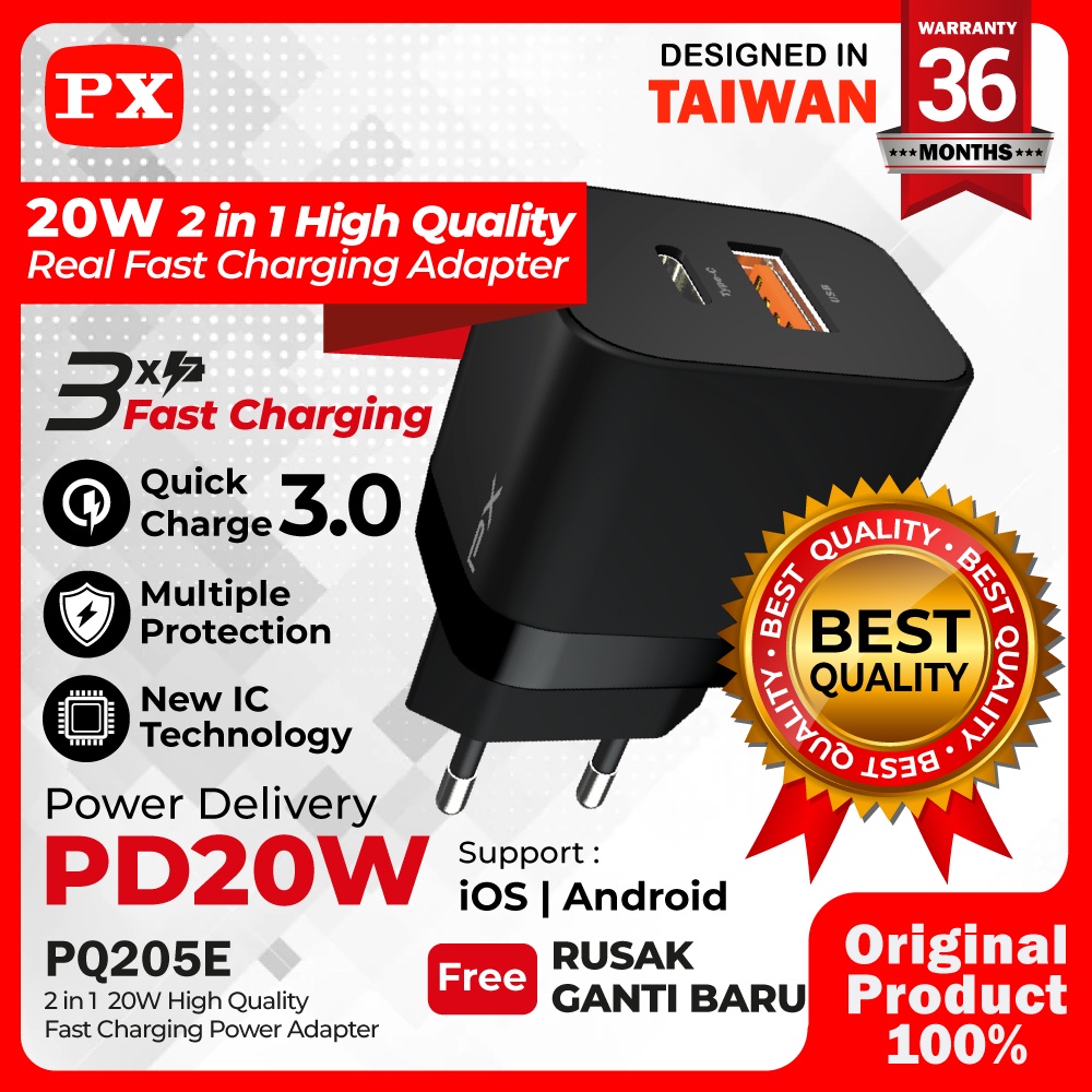 Kepala Charger Adaptor Fast Charging Type C USB A 20W PX PQ205E