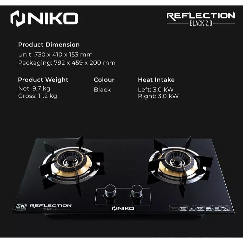 NIKO KOMPOR TANAM REFLECTION 2 TUNGKU BLACK (TANPA PENGAMAN PIN)