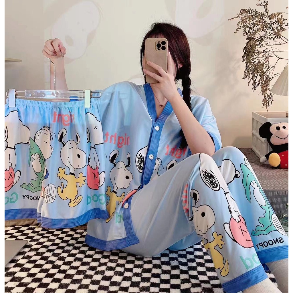 Baju tidur piyama lengan pendek celana panjang model korea bahan spandek import 3in1