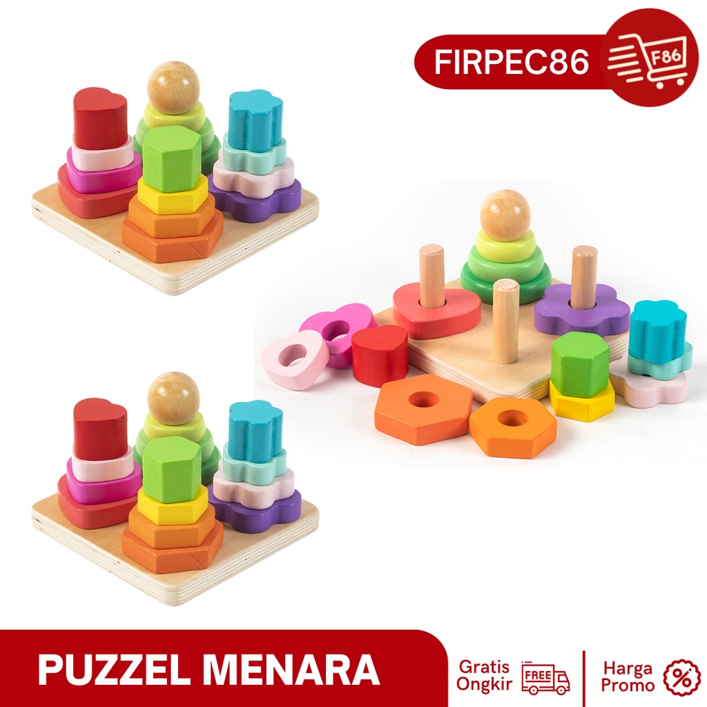 Mainan Anak Edukasi Murah Bentuk Four Column Tower Edu Wooden Toys Menara Pu