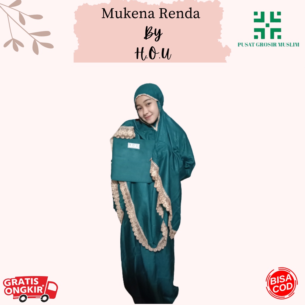 Mukena Renda Dewasa H.O.U Free Tas Mukenah Jumbo Bahan Katun Premium Bahan Adem