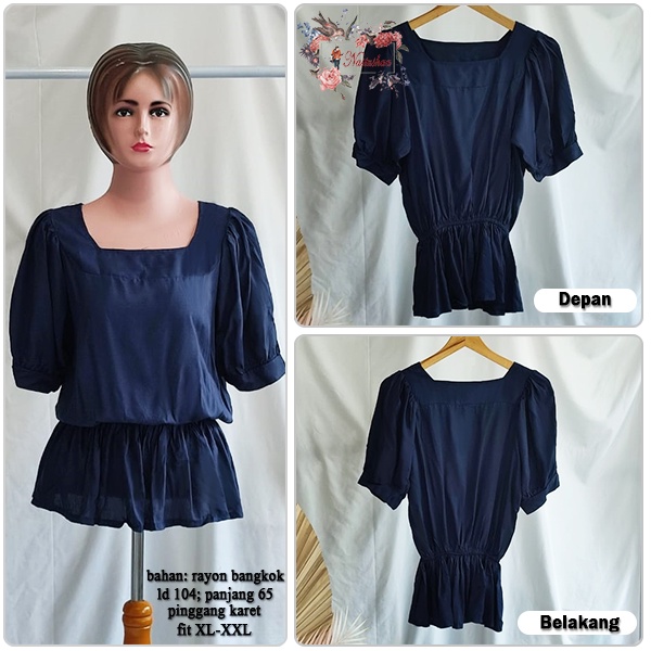 Atasan Wanita Lengan Gembung 3/4 Blouse Wanita Rayon Bangkok Navy Polos Oversized Model Pinggang Full Karet Fashion Kekinian Cantik Murah Meriah