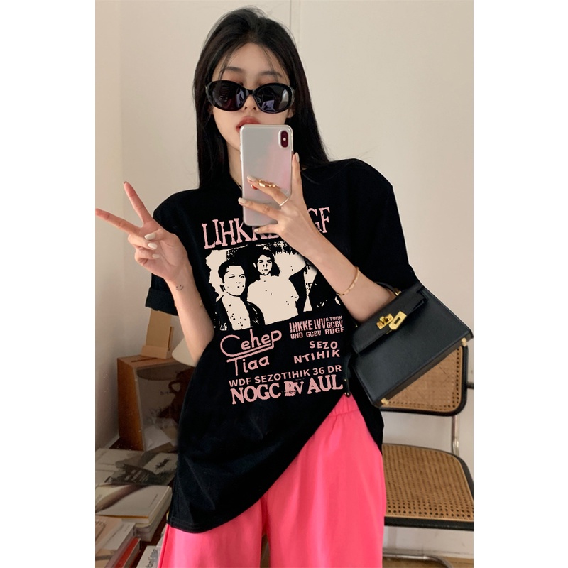 EUNII T-shirt Lengan Pendek Retro Hip-Hop Boy Korean Style/Kaos Atasan Wanita/Baju Kaus Oversize Wanita/Kaos Wanita