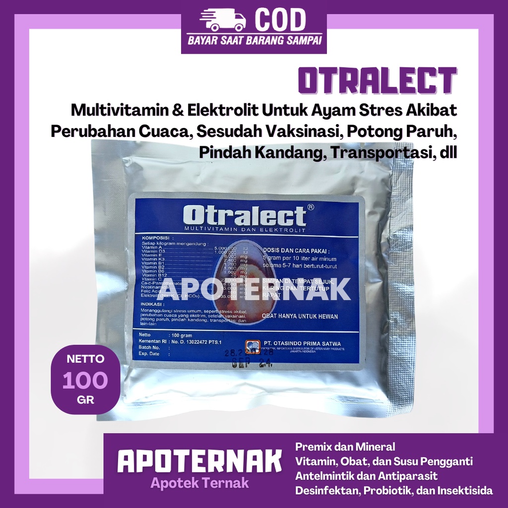 OTRALECT 100 gr | Multivitamin Elektrolit Untuk Ayam Stress Akibat Perubahan Cuaca, Seletah Vaksin, Potong Paruh, Pindah Kandang, dll | Seperti VIT ECO SUPRALIT PLUS