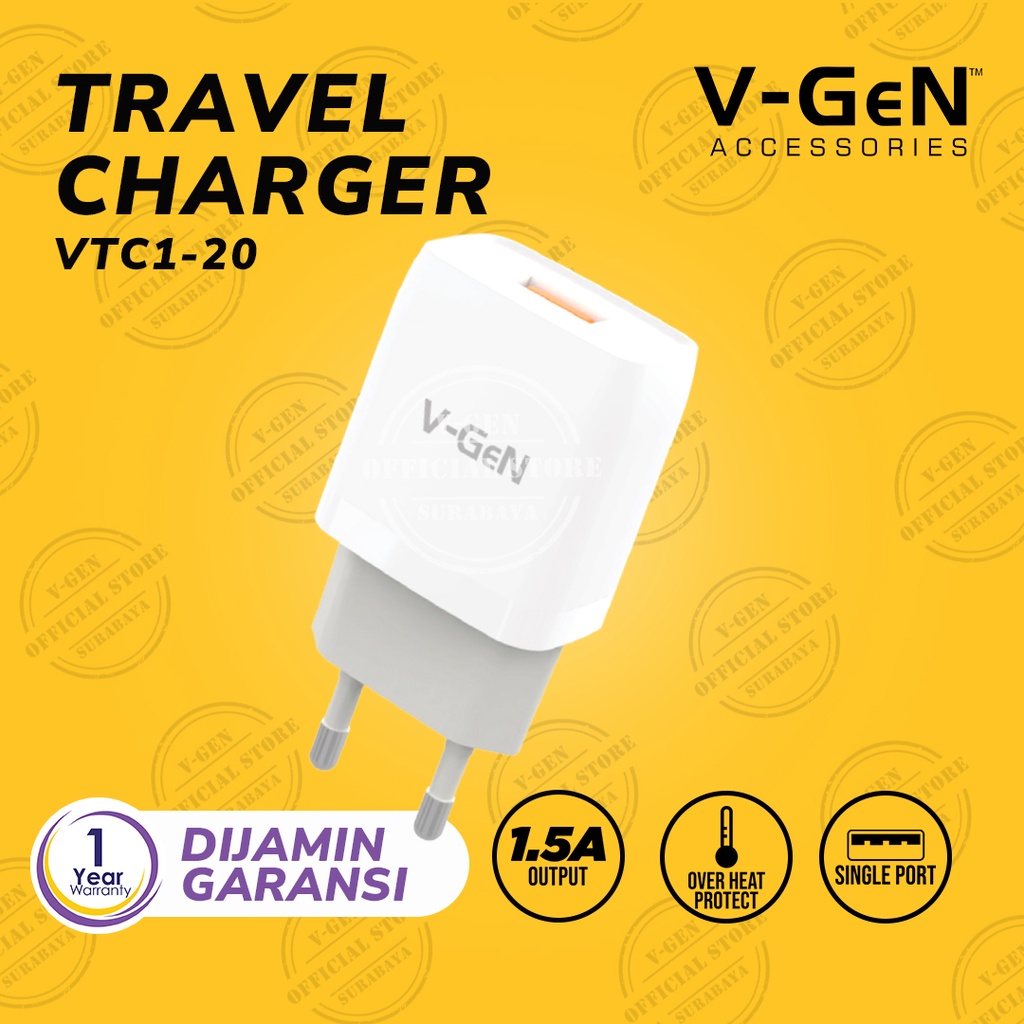 Adaptor Charger V-GeN VTC1-20 1.5A 1 Port USB Travel Charger VGEN