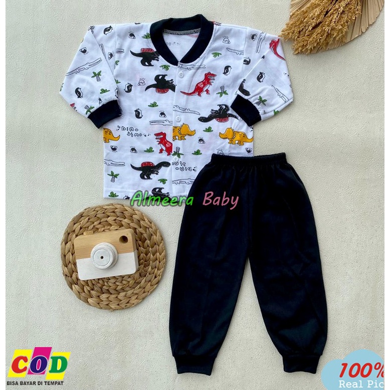 Setelan Baju Bayi Piyama Bayi Lengan Panjang Kancing Depan Motif Dinosaurus Usia 3-12 Bulan Almeera Baby and Kids