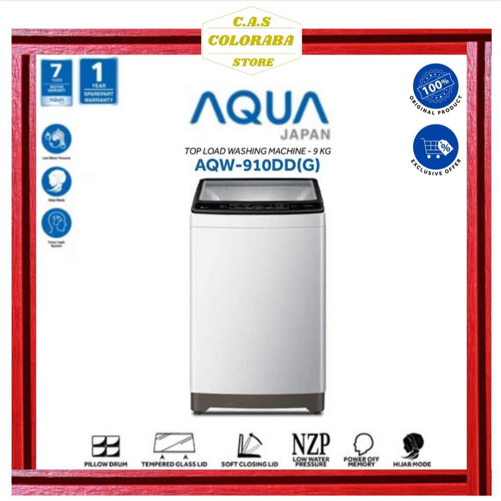 AQUA JAPAN AQW910DD MESIN CUCI TOP LOADING 9 KG AQW910 910DD AQW 910 MESIN CUCI AQUA 1 TABUNG 9 KG