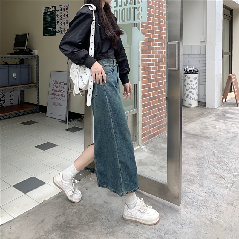 ROK Jeans Wanita Biru Retro / Highwaist Kasual Rok A-line Denim Wanita Korean