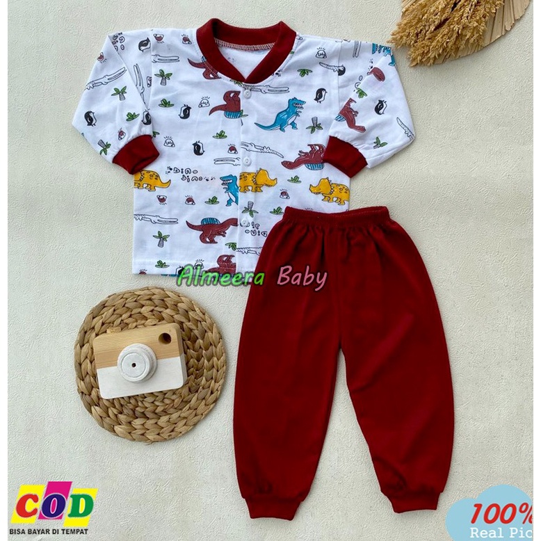 Setelan Baju Bayi Piyama Bayi Lengan Panjang Kancing Depan Motif Dinosaurus Usia 3-12 Bulan Almeera Baby and Kids