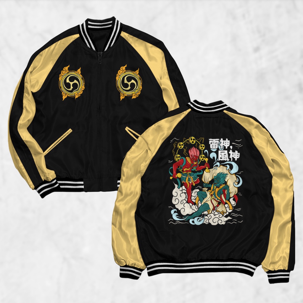 PIYAMAKUMU Jaket Sukajan RAIJIN Pria Wanita Distro Unisex Japan Premium Original HITAM GOLD