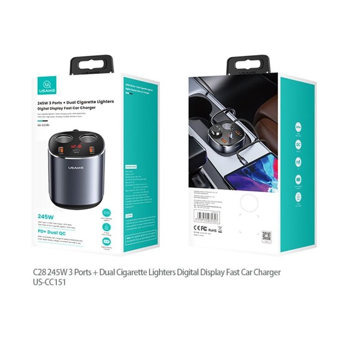 USAMS C28 Charger Mobil Fast Charging 125W + Dual Lighter Port 120W